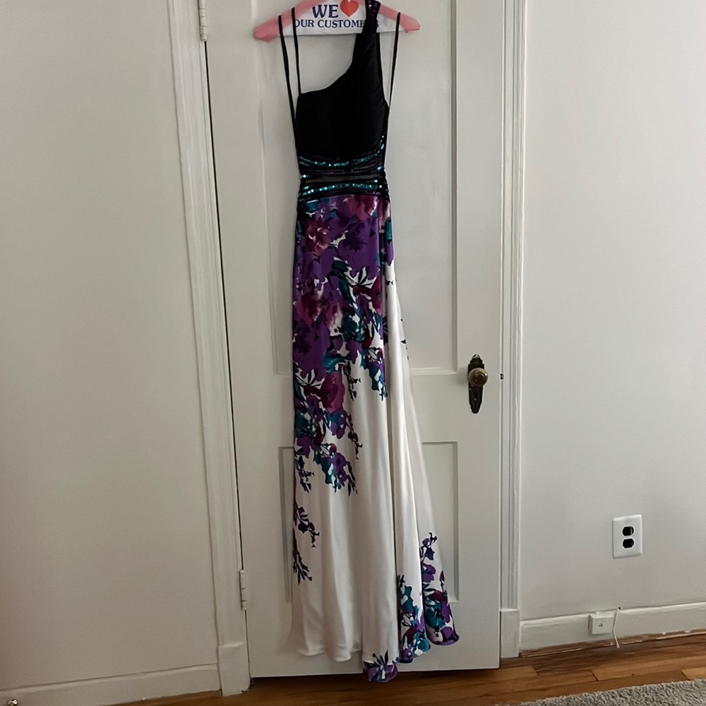 Caché gown - size 6 - black & white w/ blue, purple,  pink flowers - silk&sequin